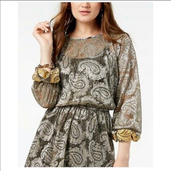 MICHAEL Michael Kors Gold Black Foil Paisley Long Sleeve Overlay Midi Dress - Picture 10 of 11